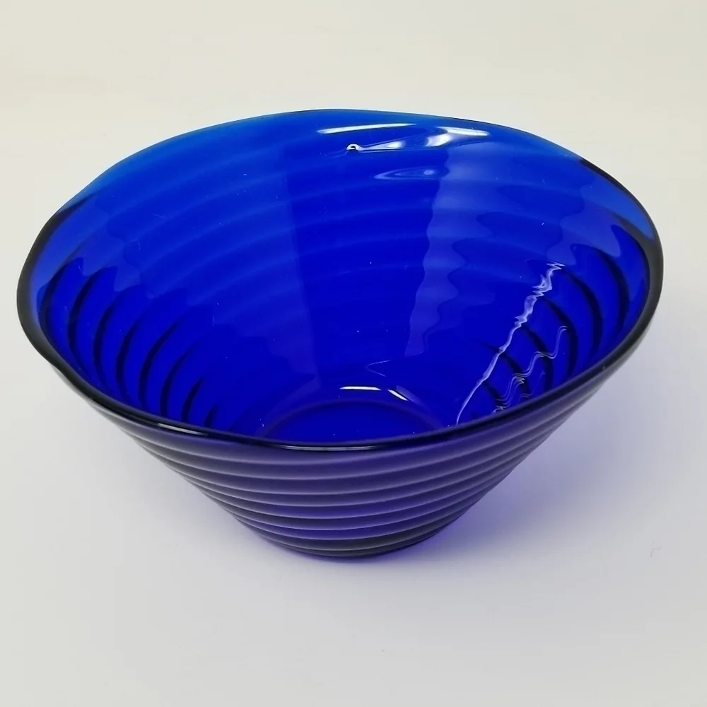 Vintage Cobalt Blue Swirl Bowl Concentric Rings Textured Optic Glass Serving Bow